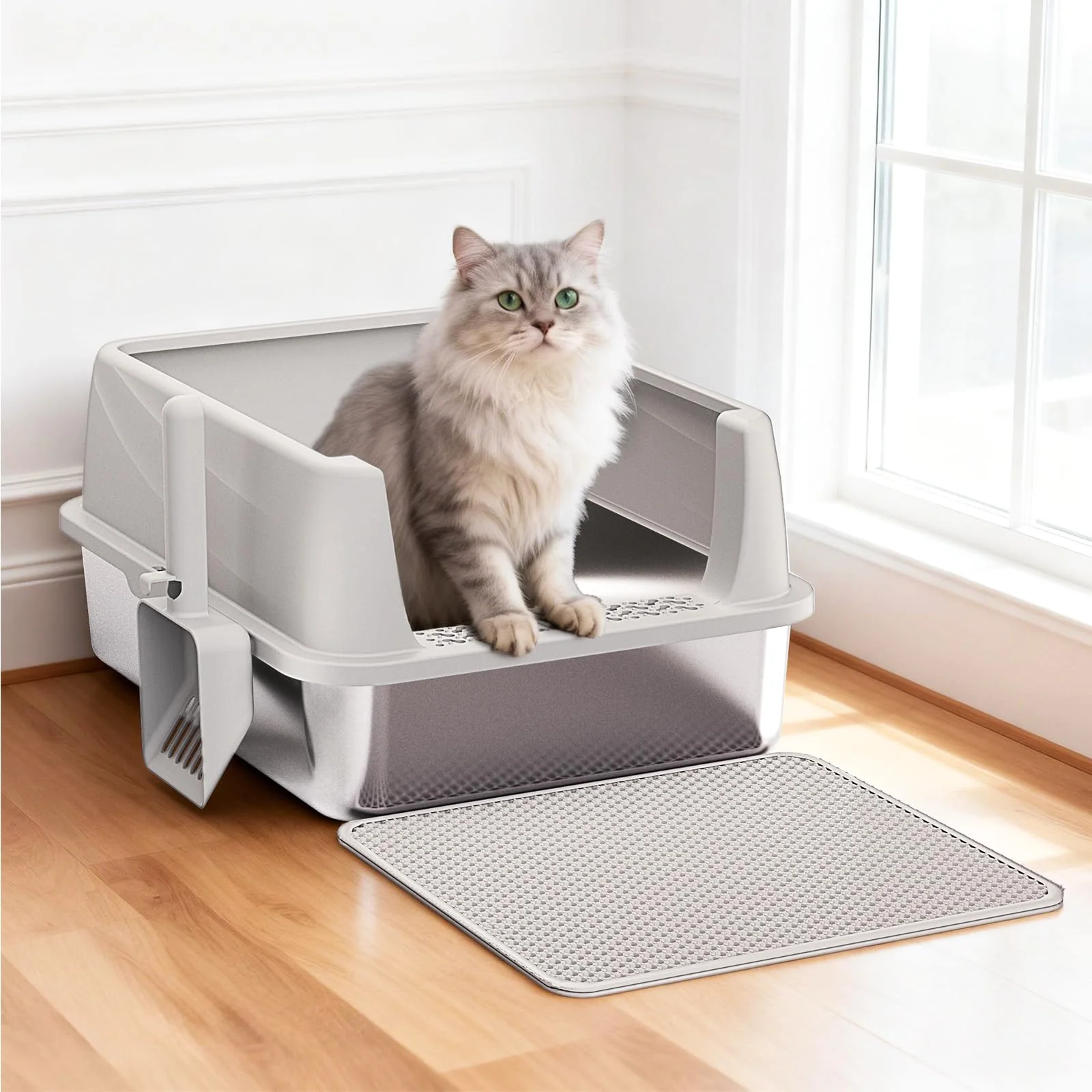 A cat sits in the litter box by the window