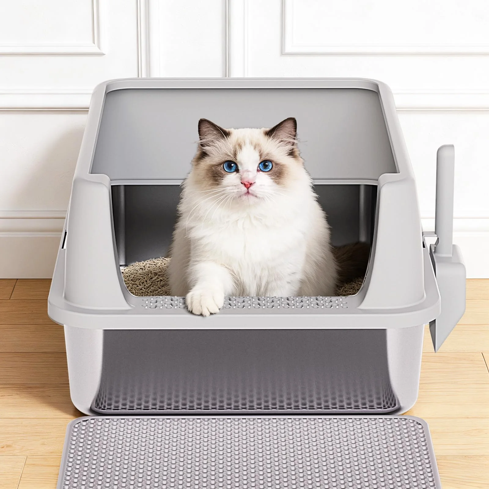 A cat sits in the Henkelion stainless steel litter box by a window
