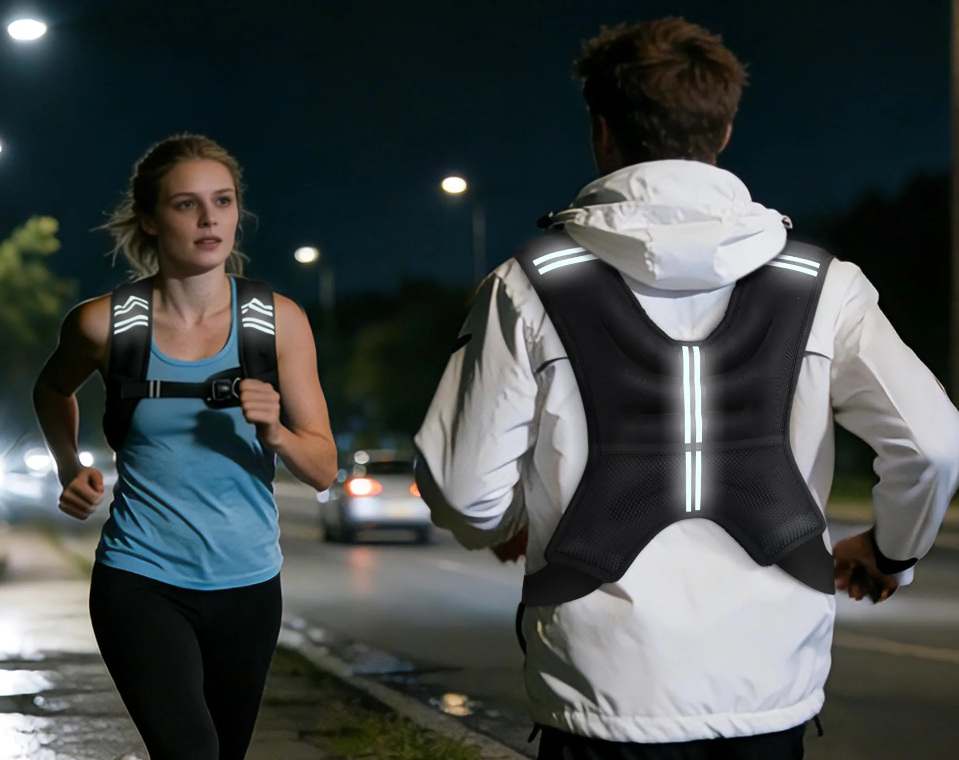 Two runners on a city street at night, wearing Henkelion weighted vests with reflective strips