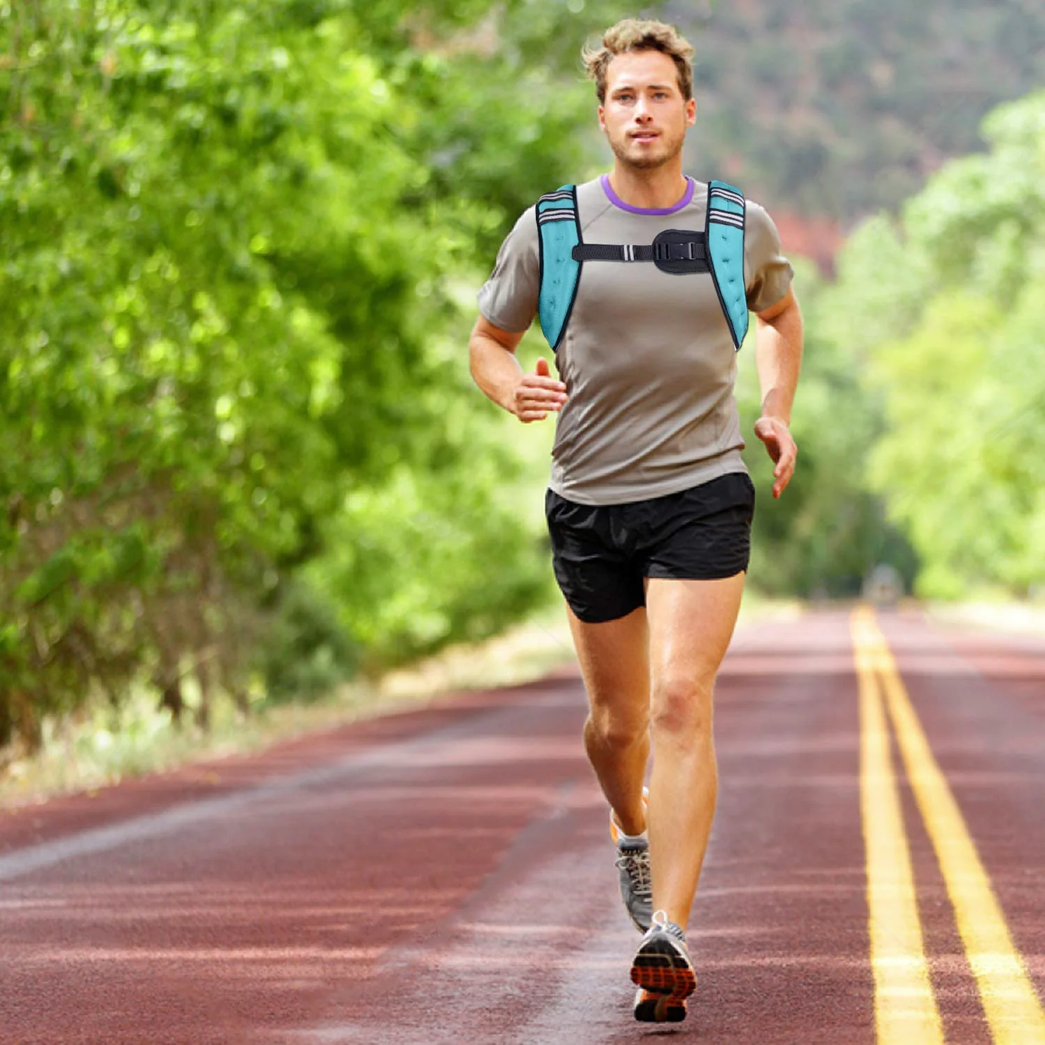 A man runs on a country road in a blue Henkelion weighted vest