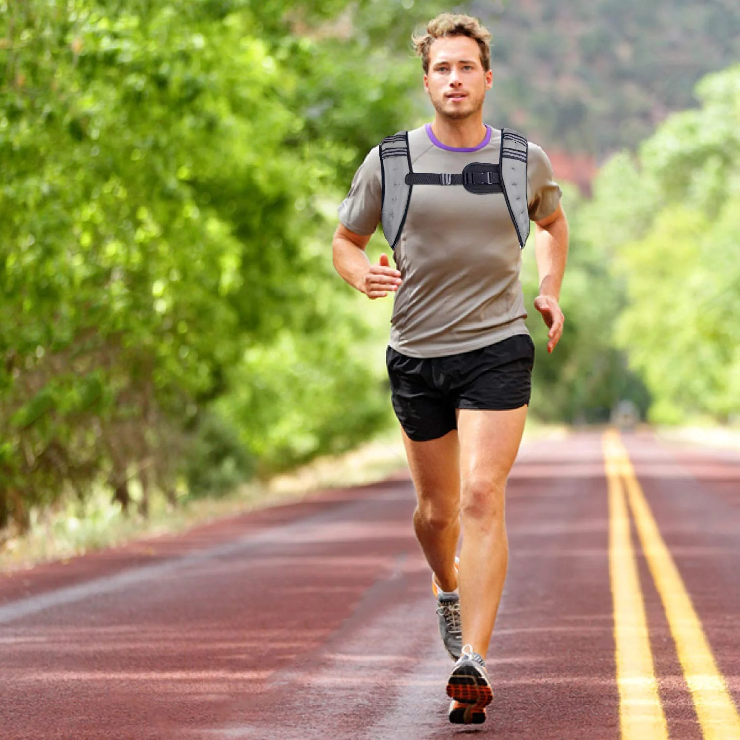A gray vest on a long road run